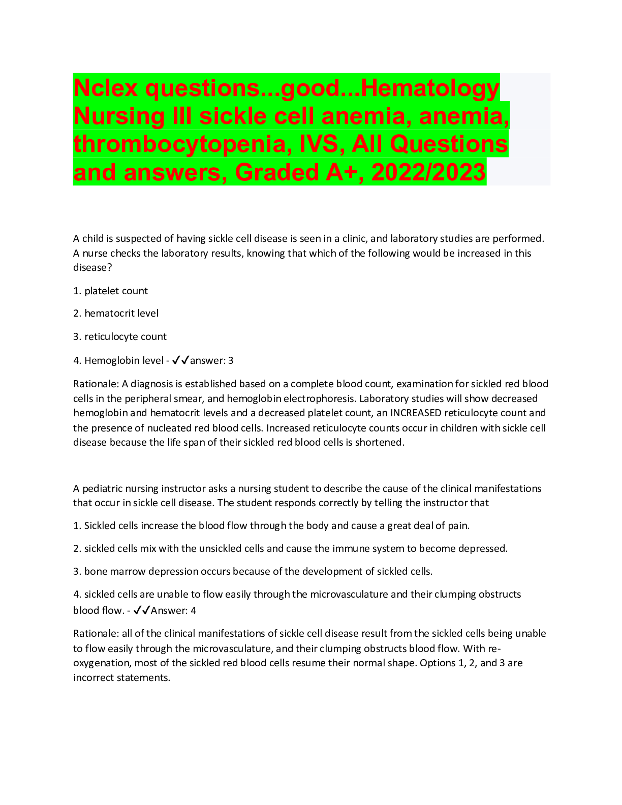 Preview of Nclex questions...good...Hematology Nursing III sickle cell anemia, anemia, thrombocytopen